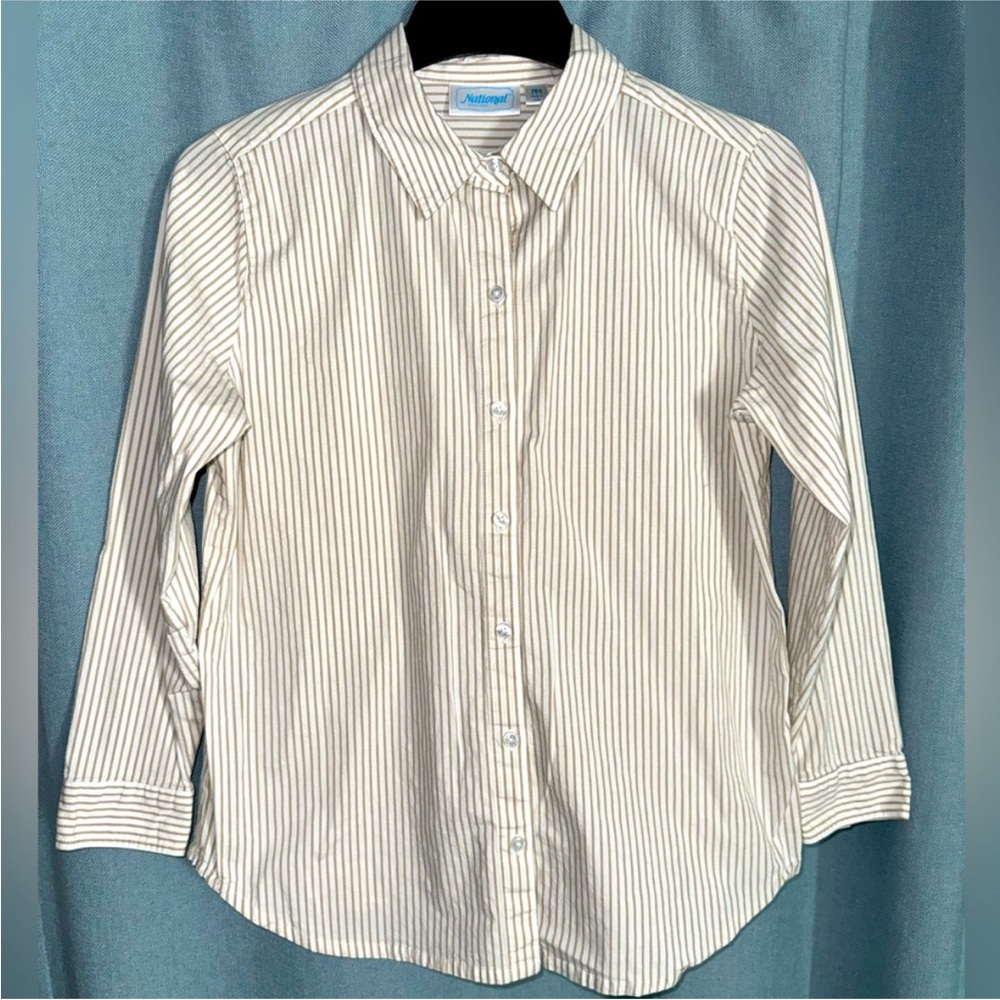 Vintage “National” Beige Striped Button Down Shirt